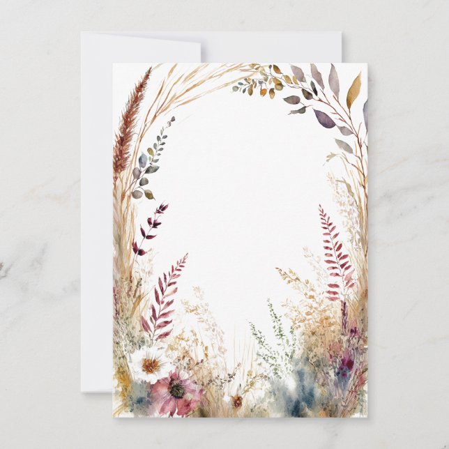 Watercolor boho blommigt ram blank bröllop inbjudningar (Framsida)