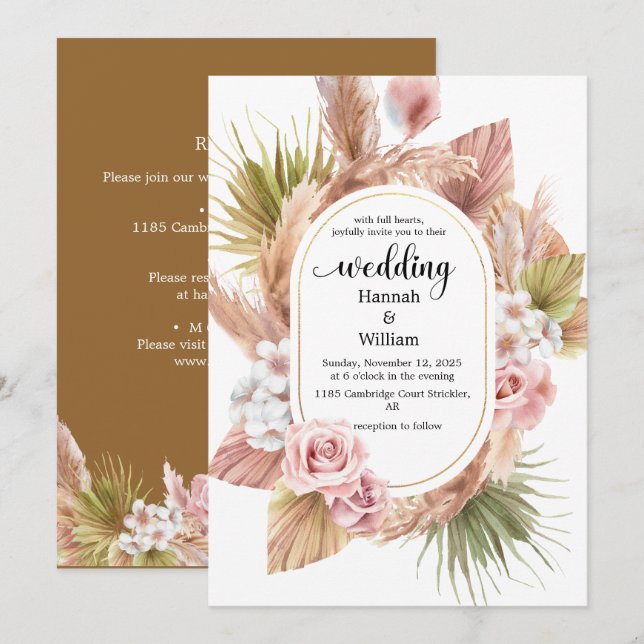 Watercolor Boho Blommigt Ram bröllopsinbjudan Inbjudningar (Fram/baksida)