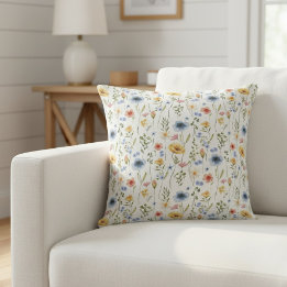 Watercolor Boho Blue Yellow Pink Wildflower Kudde
