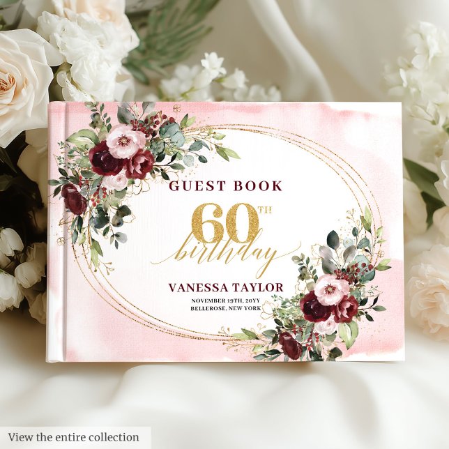 Watercolor Boho Burgundy Gold 60th Birthday Gästböcker (Watercolor Boho Burgundy Gold 60th Birthday)