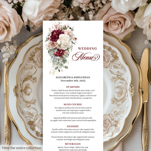 Watercolor Boho Burgundy White Bröllop Menu Meny (Watercolor Boho Burgundy White Wedding Menu)