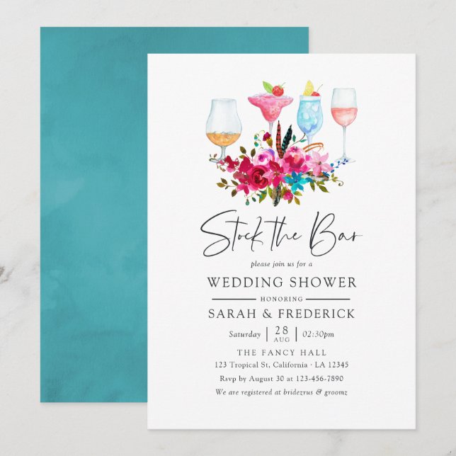 Watercolor Boho Chic Blommig Lagerhållning Baren Inbjudningar (Fram/baksida)