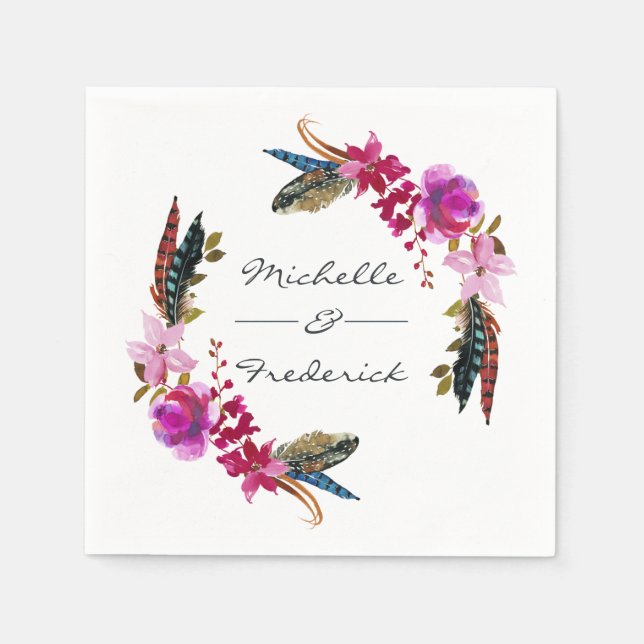 Watercolor Boho Chic Blommigt Bröllop Pappersservett (Framsidan)