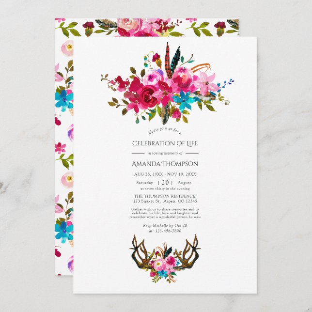 Watercolor Boho Chic Blommigt Firande Life Inbjudningar (Fram/baksida)