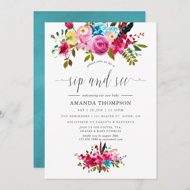 Watercolor Boho Chic Blommigt Sip and Se Inbjudningar (Fram/baksida)