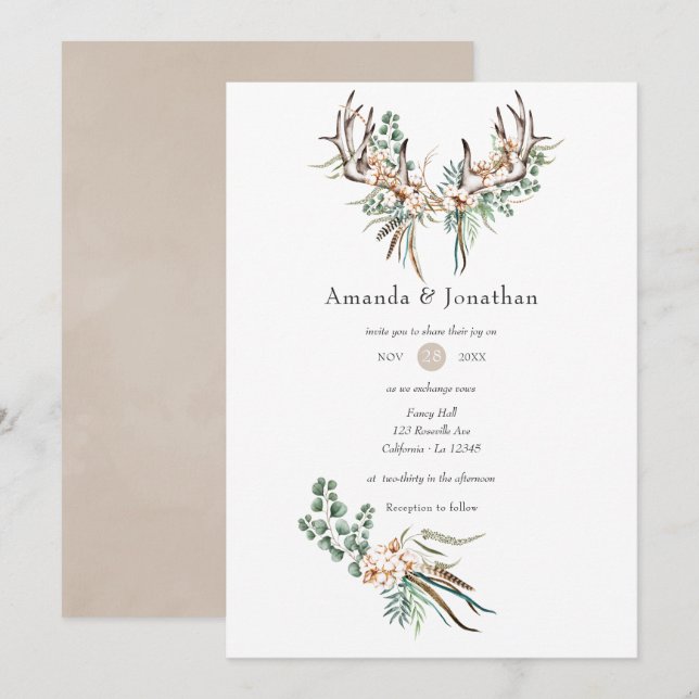 Watercolor Boho Cotton och Eucalyptus Boho Bröllop Inbjudningar (Fram/baksida)