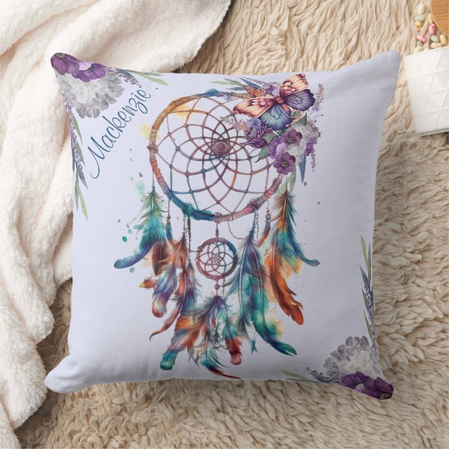 Watercolor Boho Dreamcatcher Personlig Namn Kudde (Filt)