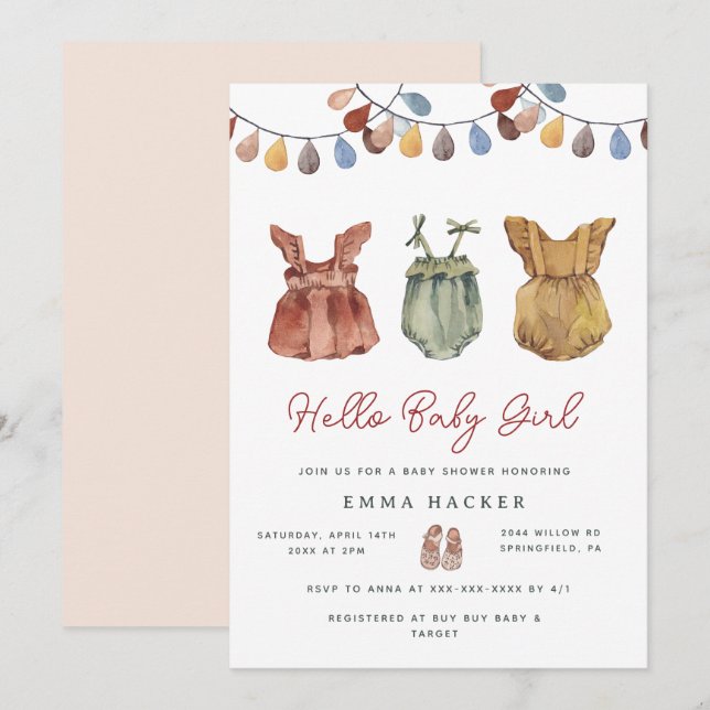 Watercolor Boho Flicka Shower Inbjudningar (Fram/baksida)