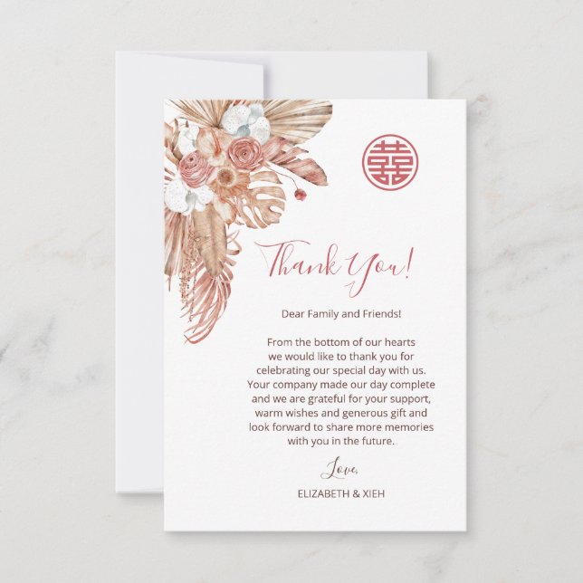 Watercolor Boho Flowers Chinese Bröllop Tack Kort (Framsida)