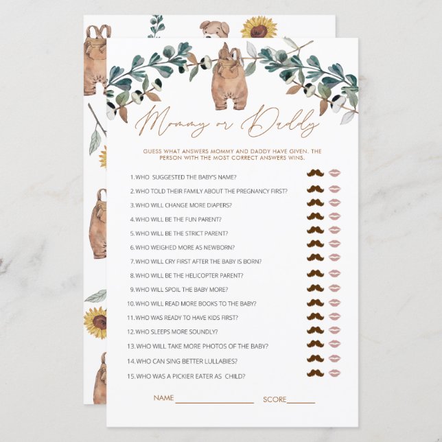 Watercolor Boho Mamma eller Baby Shower Game (Fram/baksida)