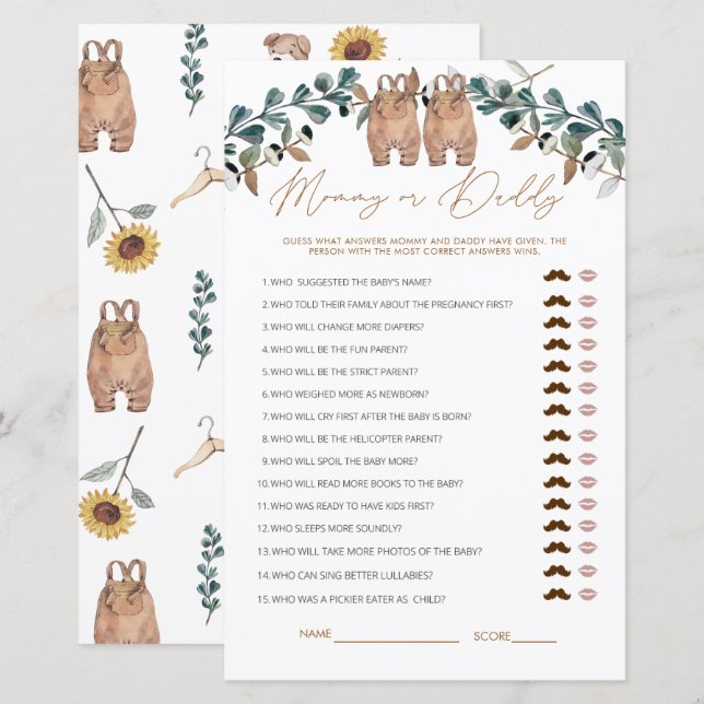 Watercolor Boho Mamma eller Baby Shower Game (Fram/baksida)