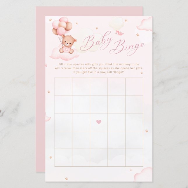 Watercolor Boho Nalle Baby Shower Bingo Game (Fram/baksida)