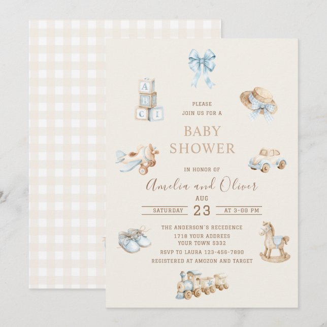 Watercolor Boho Nursery boy  baby shower Inbjudningar (Fram/baksida)