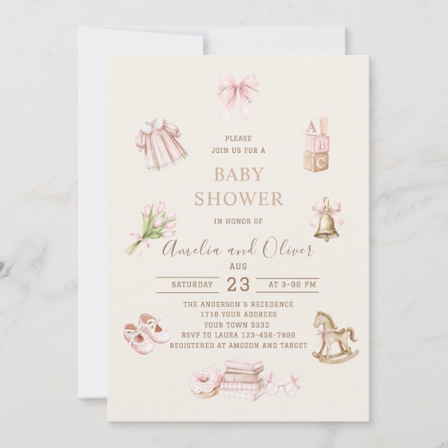 Watercolor Boho Nursery girl  baby shower Inbjudningar (Framsida)