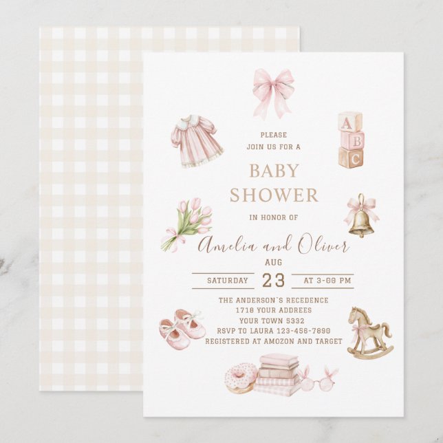 Watercolor Boho Nursery girl  baby shower Inbjudningar (Fram/baksida)