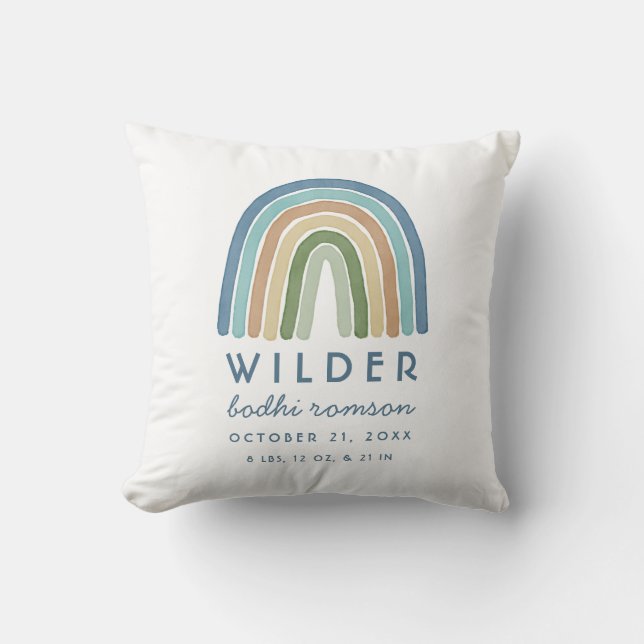 Watercolor Boho Rainbow Birth Information Blue Thr Kudde (Framsida)
