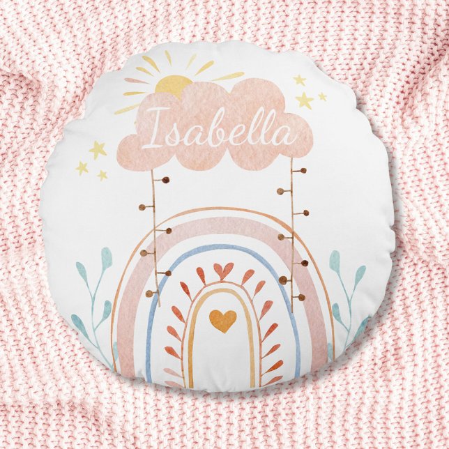 Watercolor Boho Rainbow Kids Nursery Rund Kudde (In situ)