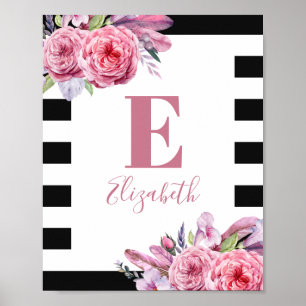 Watercolor boho rosa blommor. Nursery monogram Poster