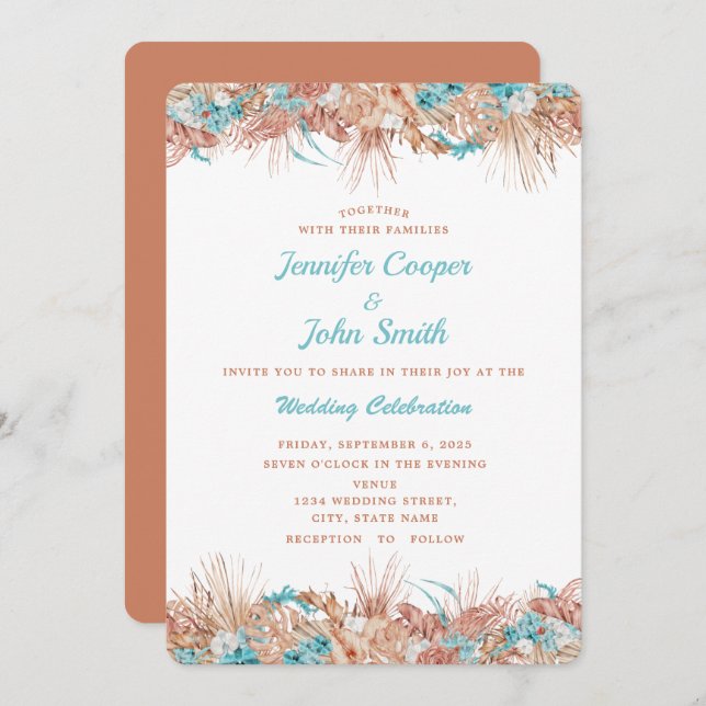 Watercolor Boho Terracotta Blommigt Bröllop Inbjudningar (Fram/baksida)