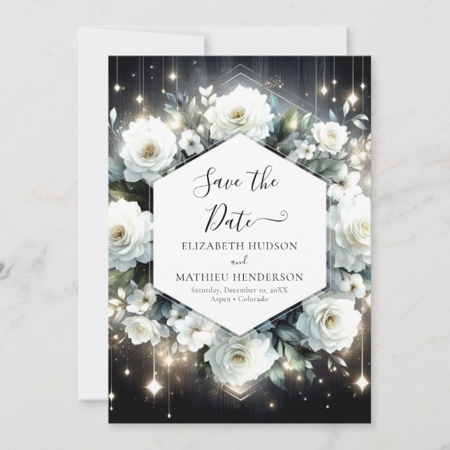 Watercolor Boho Vit ros Bröllop Spara Datumet (Framsida)