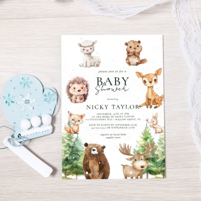Watercolor Boho Woodland Snö Winter Baby Shower Inbjudningar (Skapare uppladdad)