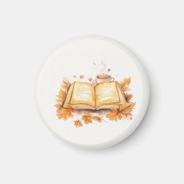 Watercolor Bok och Tea Mugg, Mysiga höst Vibes Magnet (Framsidan)