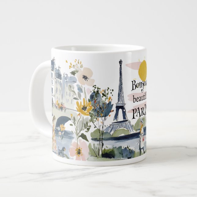 Watercolor Bonjour Beautiful Paris Jumbo Mugg (Framsida vänster)