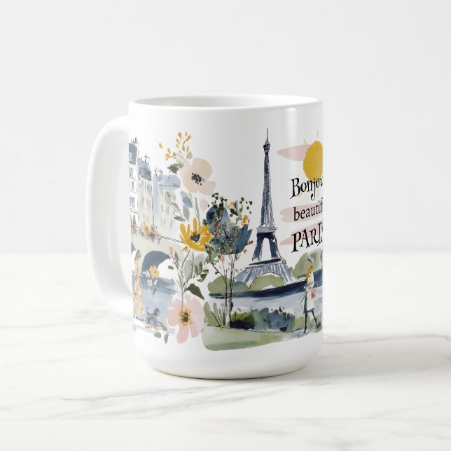 Watercolor Bonjour Vacker Paris Kaffemugg (Framsida vänster)