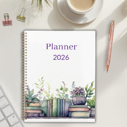 Watercolor Books and Plants Personalized Planner