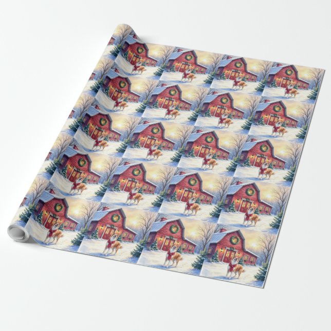 Watercolor Border Collie Country Barn Christmas Presentpapper (Utrullad)