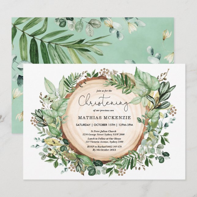 Watercolor Botanical Forest Greenery Christening Inbjudningar (Fram/baksida)