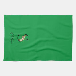 Watercolor botanical green initial monogram kökshandduk