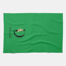 Watercolor botanical green initial monogram kökshandduk