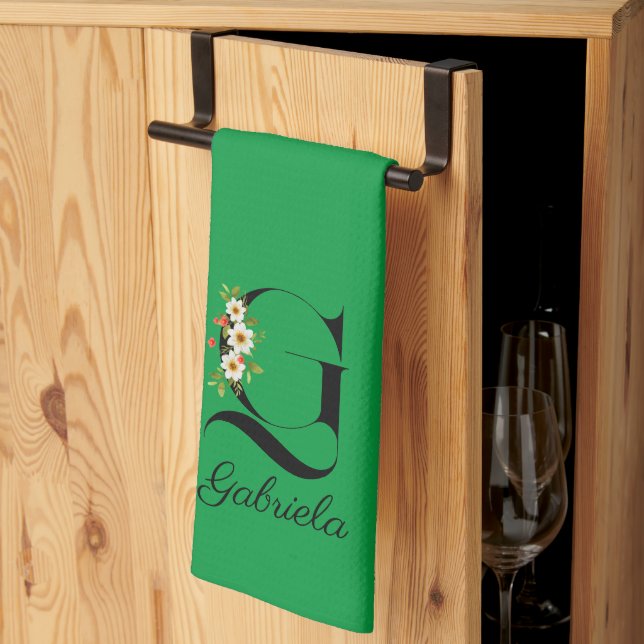 Watercolor botanical green initial monogram kökshandduk (Thirds Fold)