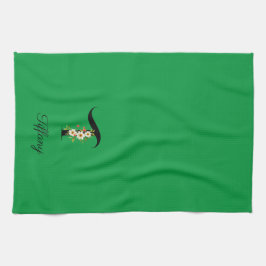 Watercolor botanical green initial monogram kökshandduk