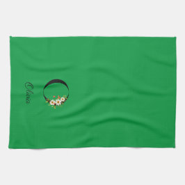 Watercolor botanical green initial monogram kökshandduk