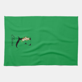 Watercolor botanical green initial monogram kökshandduk