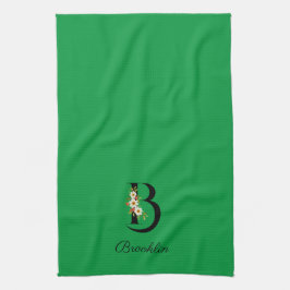 Watercolor botanical green initial monogram kökshandduk