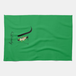 Watercolor botanical green initial monogram kökshandduk