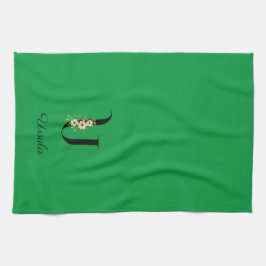 Watercolor botanical green initial monogram kökshandduk