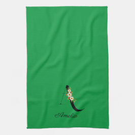 Watercolor botanical green initial monogram kökshandduk