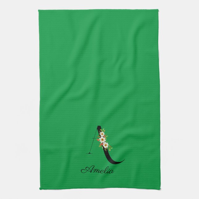 Watercolor botanical green initial monogram kökshandduk (Vertikal)