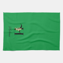 Watercolor botanical green initial monogram kökshandduk