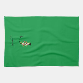 Watercolor botanical green initial monogram kökshandduk