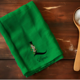 Watercolor botanical green initial monogram kökshandduk