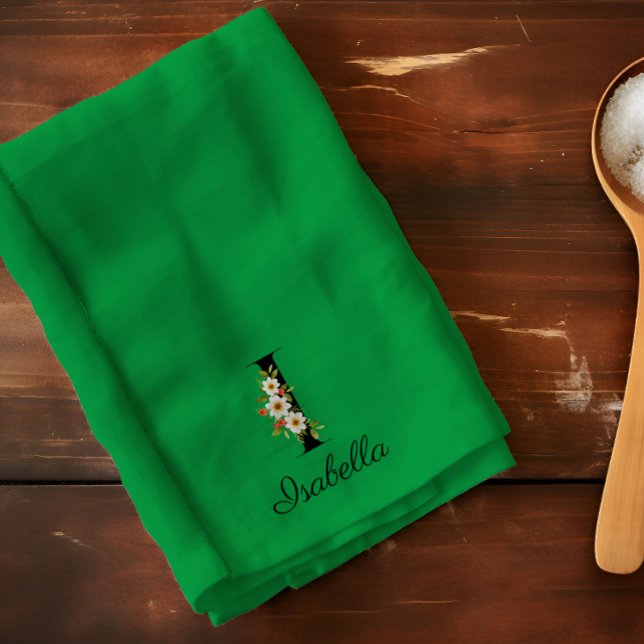 Watercolor botanical green initial monogram kökshandduk (Skapare uppladdad)