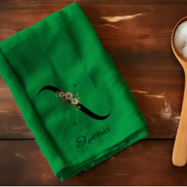 Watercolor botanical green initial monogram kökshandduk