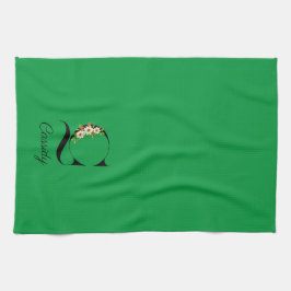 Watercolor botanical green initial monogram kökshandduk