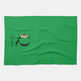 Watercolor botanical green initial monogram kökshandduk