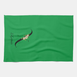 Watercolor botanical green initial monogram kökshandduk